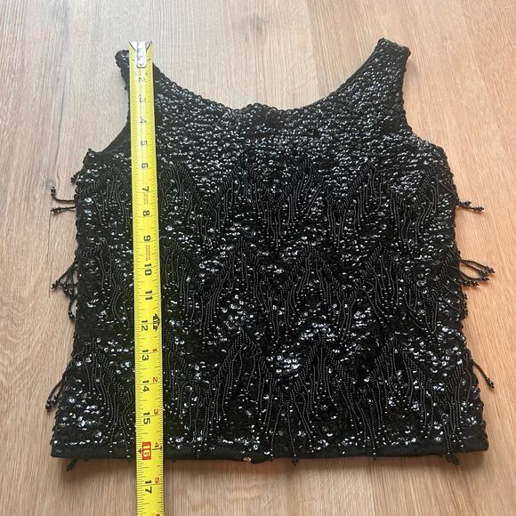 Vintage 60s Sequin Beaded Cocktail Black Sleeveless Top Zip Back Wool SZ Small - Picture 7 of 8